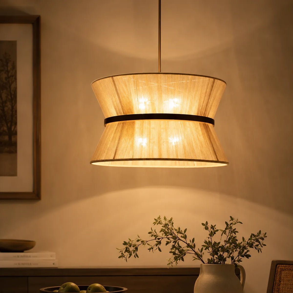 Pendant Light with Woven Rope Hourglass Shade and Metallic Detailing