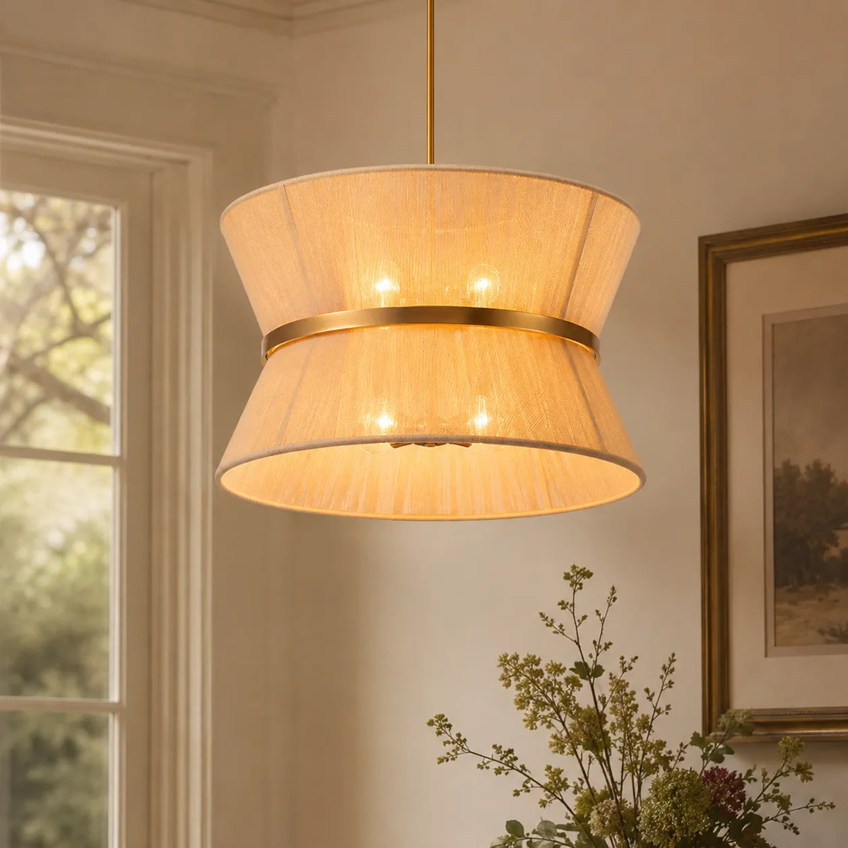 Pendant Light with Woven Rope Hourglass Shade and Metallic Detailing
