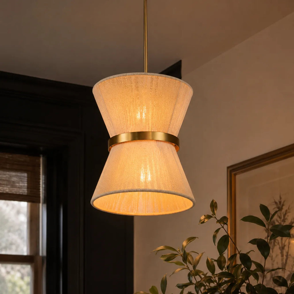 Pendelleuchte mit sanduhrförmigem Schirm aus geflochtenem Seil und Metalldetails