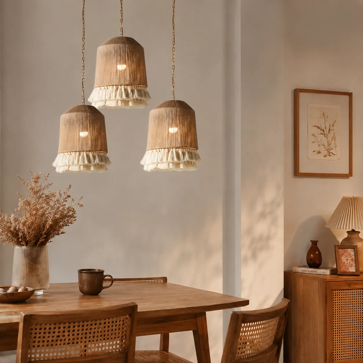 Dining Room Chandelier with Handwoven Hemp Rope Shade and Fabric Diffusion
