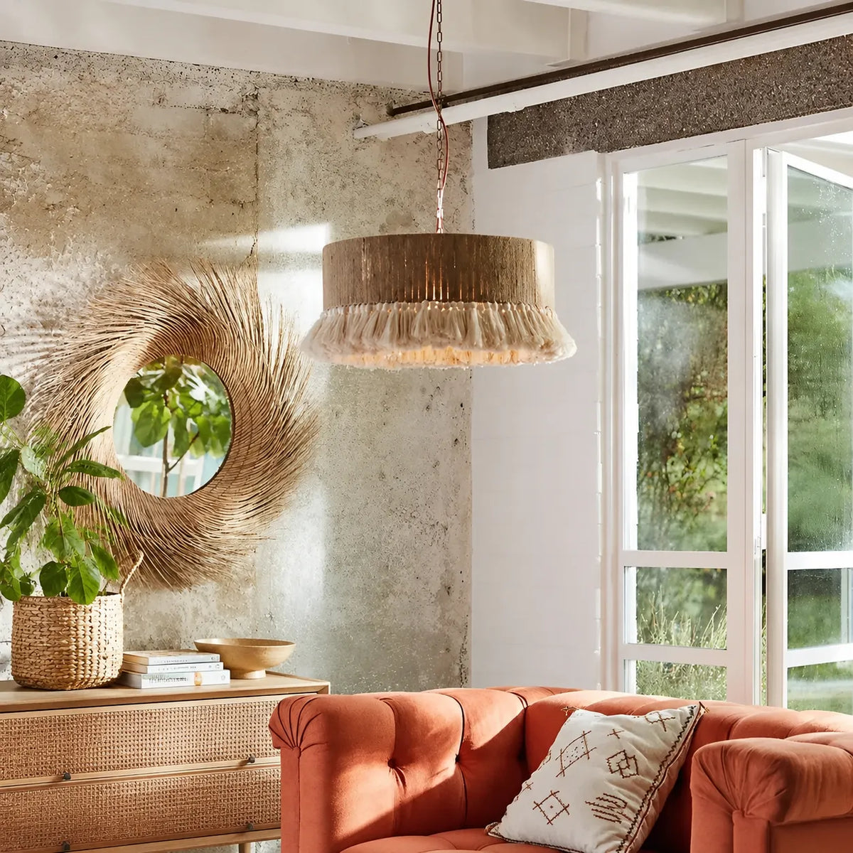 Dining Room Chandelier with Handwoven Hemp Rope Shade and Fabric Diffusion