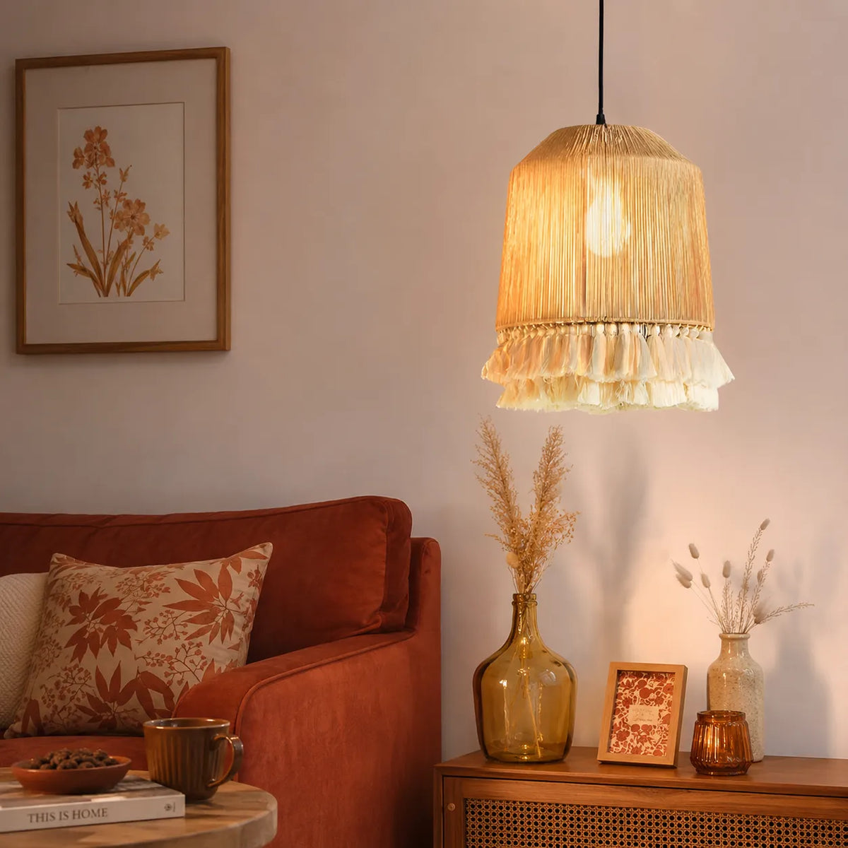 Dining Room Chandelier with Handwoven Hemp Rope Shade and Fabric Diffusion