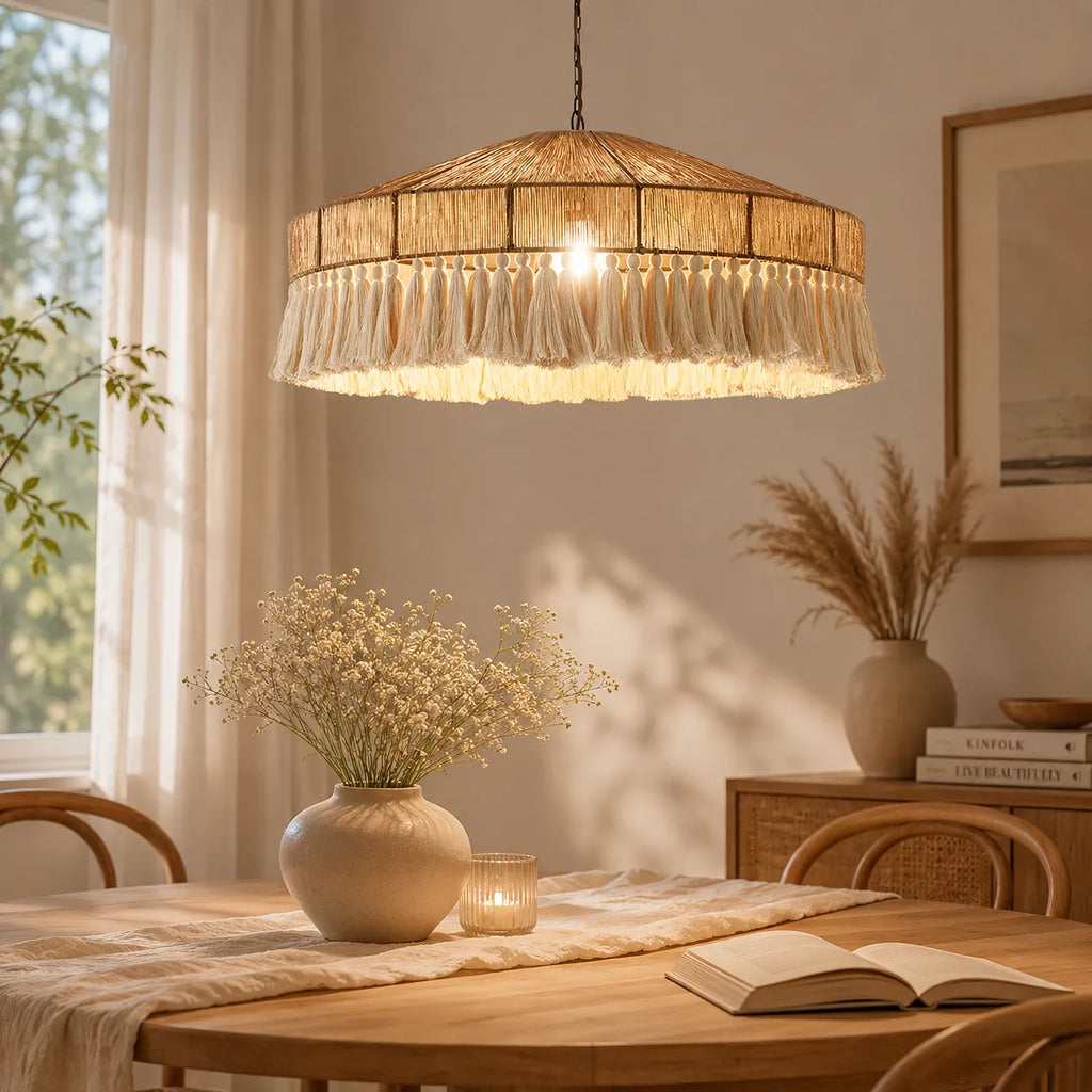 Lustre de salle à manger avec abat-jour en corde de chanvre tissée à la main et diffusion de la lumière par tissu