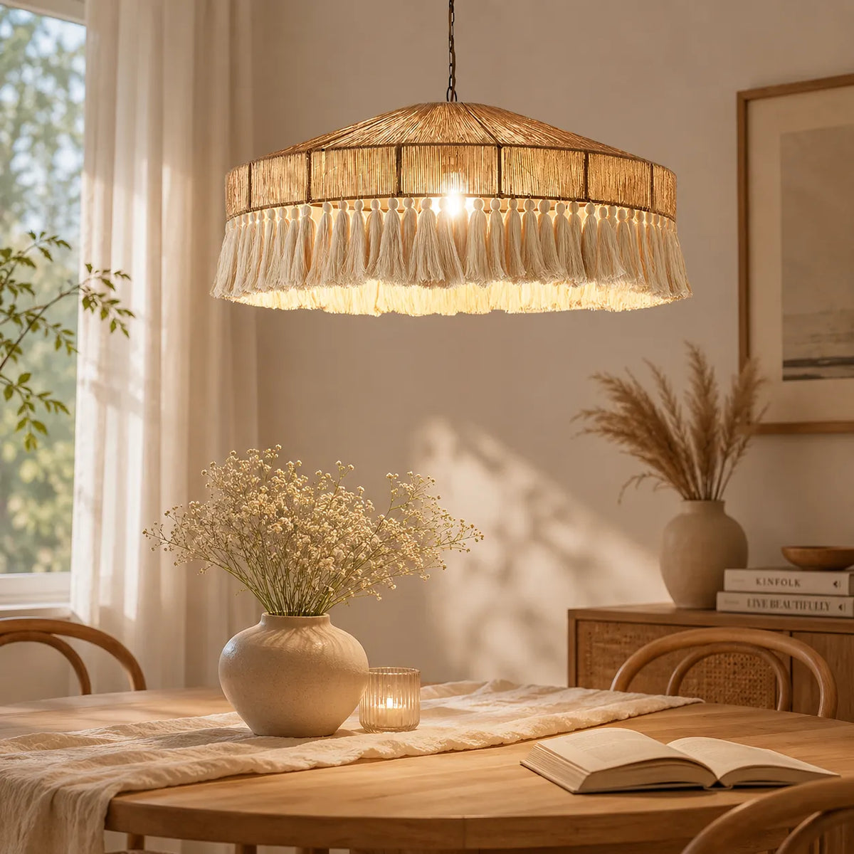 Dining Room Chandelier with Handwoven Hemp Rope Shade and Fabric Diffusion