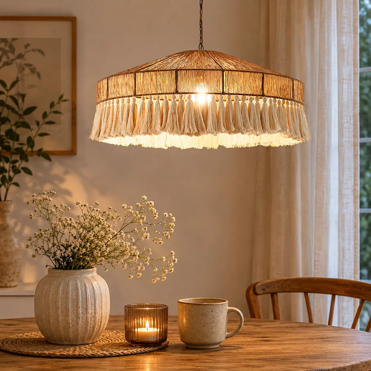Lustre de salle à manger avec abat-jour en corde de chanvre tissée à la main et diffusion de la lumière par tissu