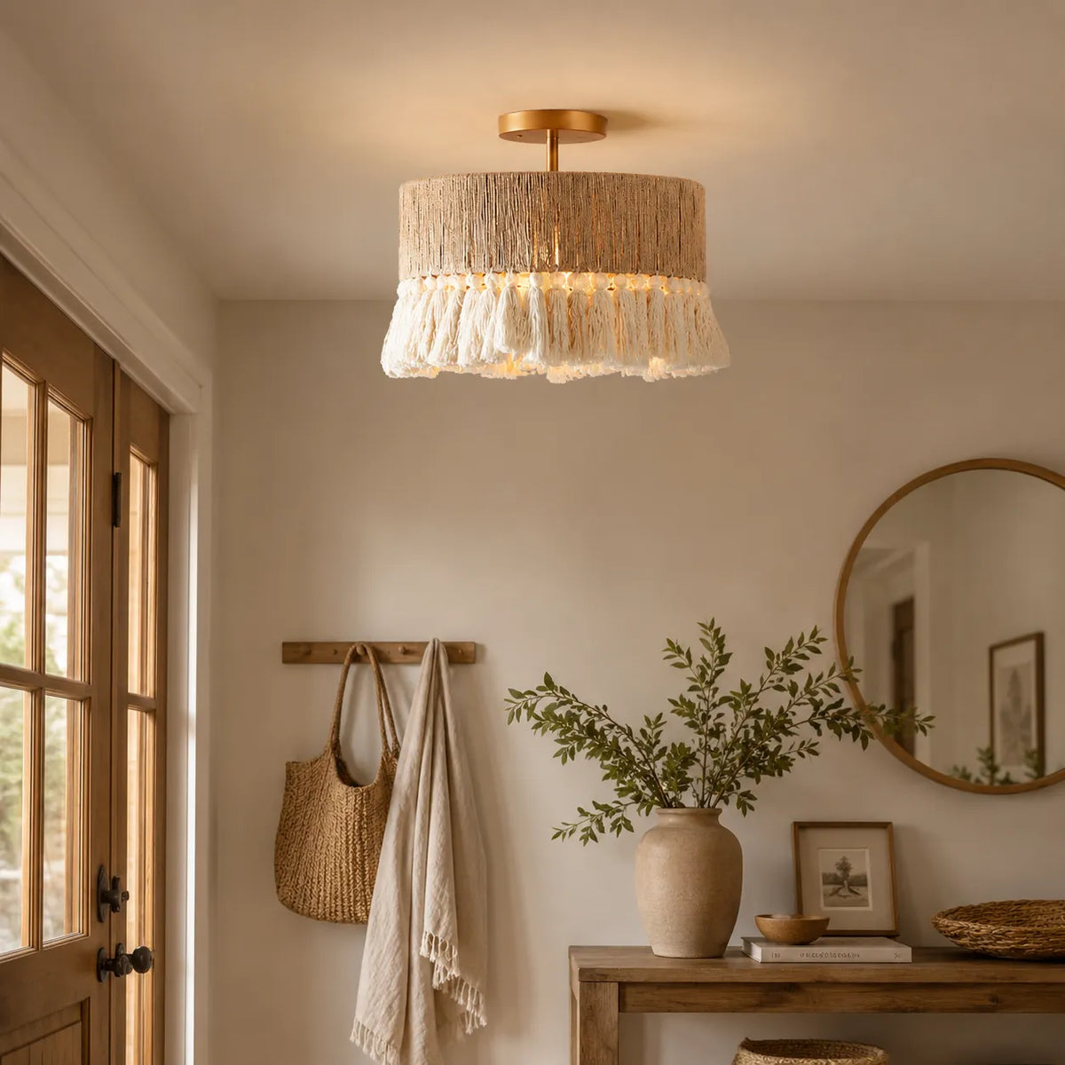 Dining Room Chandelier with Handwoven Hemp Rope Shade and Fabric Diffusion