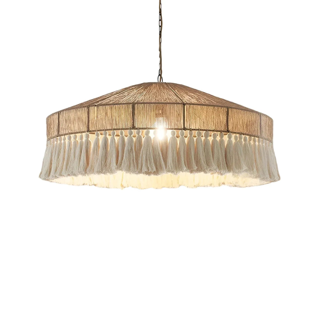 Lustre de salle à manger avec abat-jour en corde de chanvre tissée à la main et diffusion de la lumière par tissu