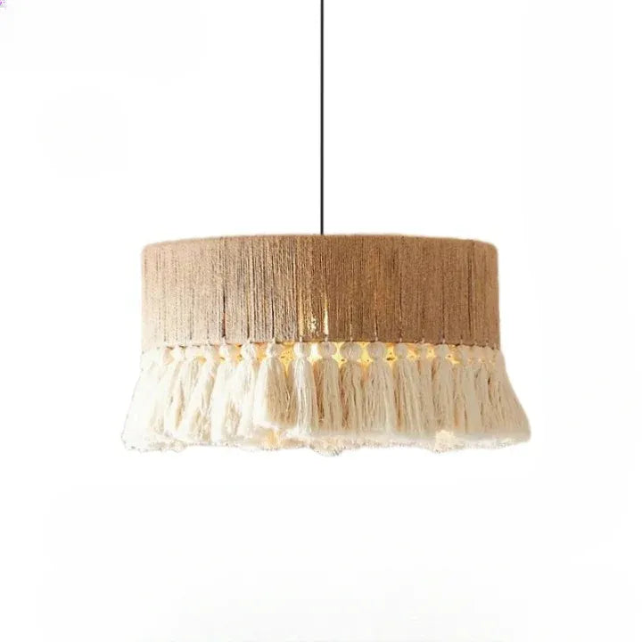 Lustre de salle à manger avec abat-jour en corde de chanvre tissée à la main et diffusion de la lumière par tissu