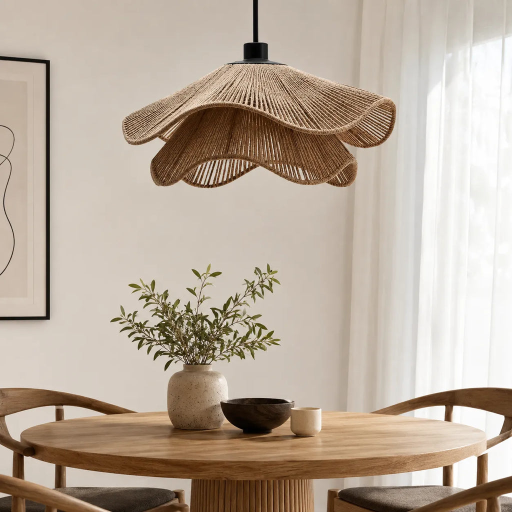 Handgeflochtene Pendelleuchte aus Jute im Boho-Stil für Esszimmer und Schlafzimmer