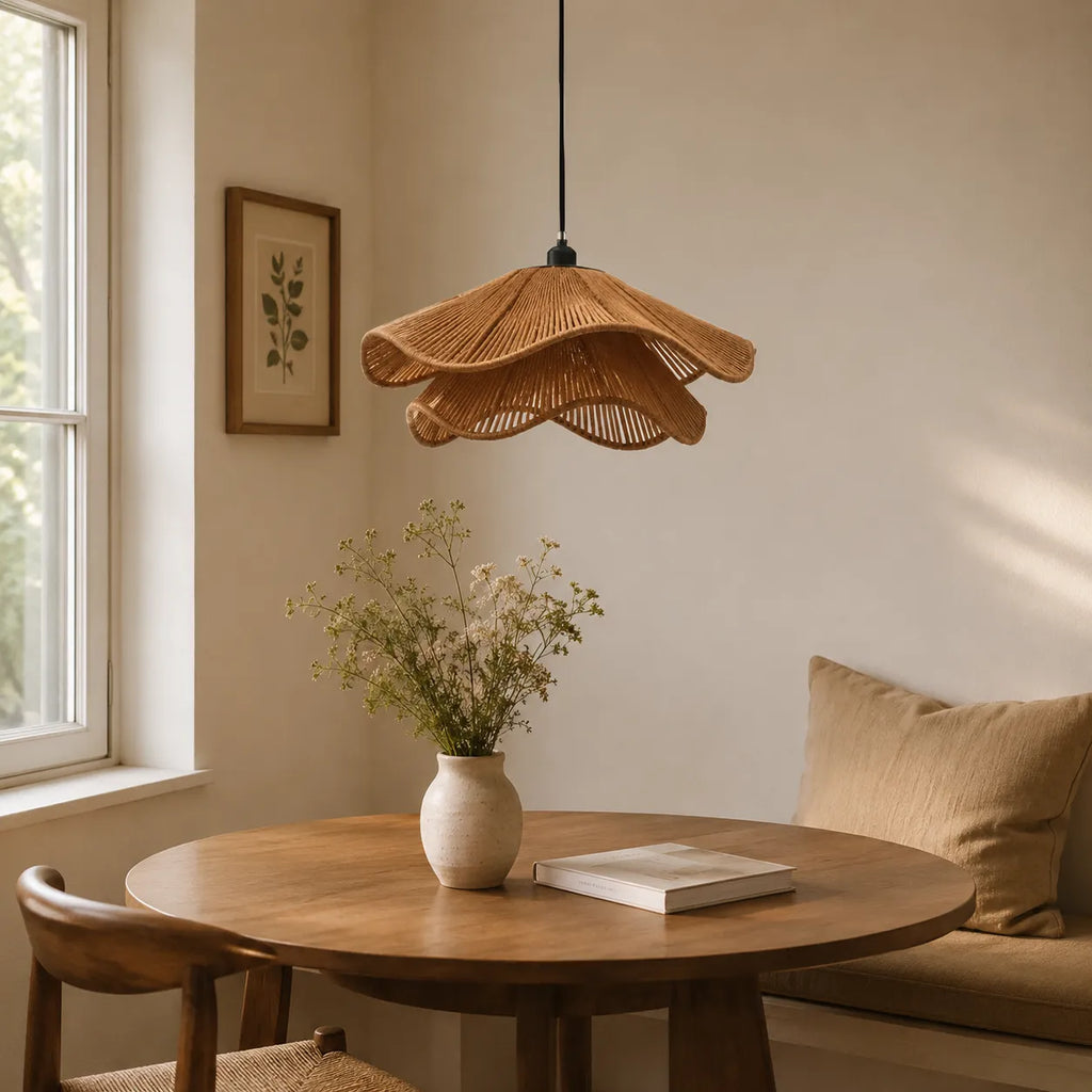 Handgeflochtene Pendelleuchte aus Jute im Boho-Stil für Esszimmer und Schlafzimmer
