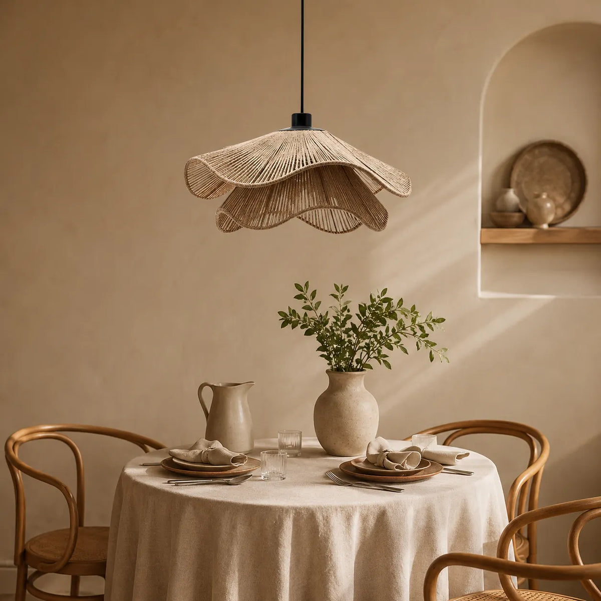 Handgeflochtene Pendelleuchte aus Jute im Boho-Stil für Esszimmer und Schlafzimmer