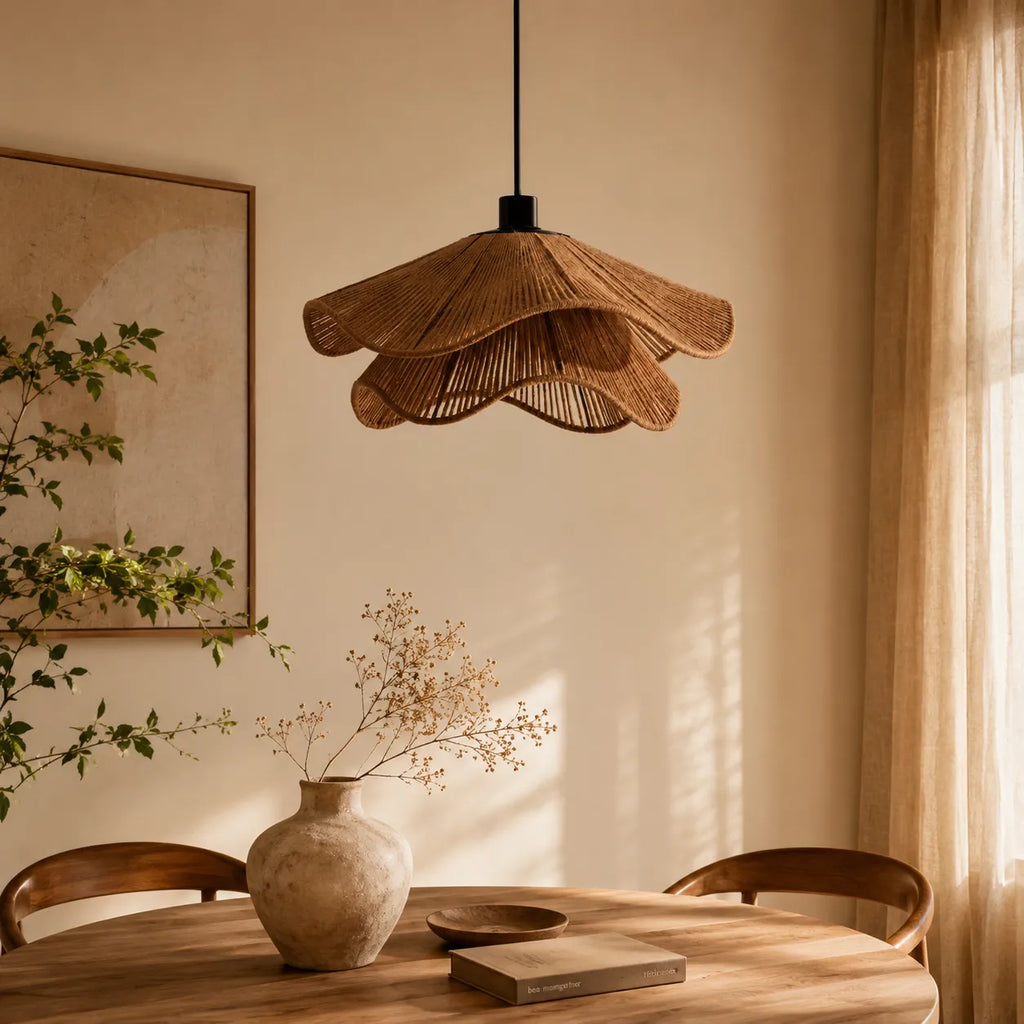 Handgeflochtene Pendelleuchte aus Jute im Boho-Stil für Esszimmer und Schlafzimmer