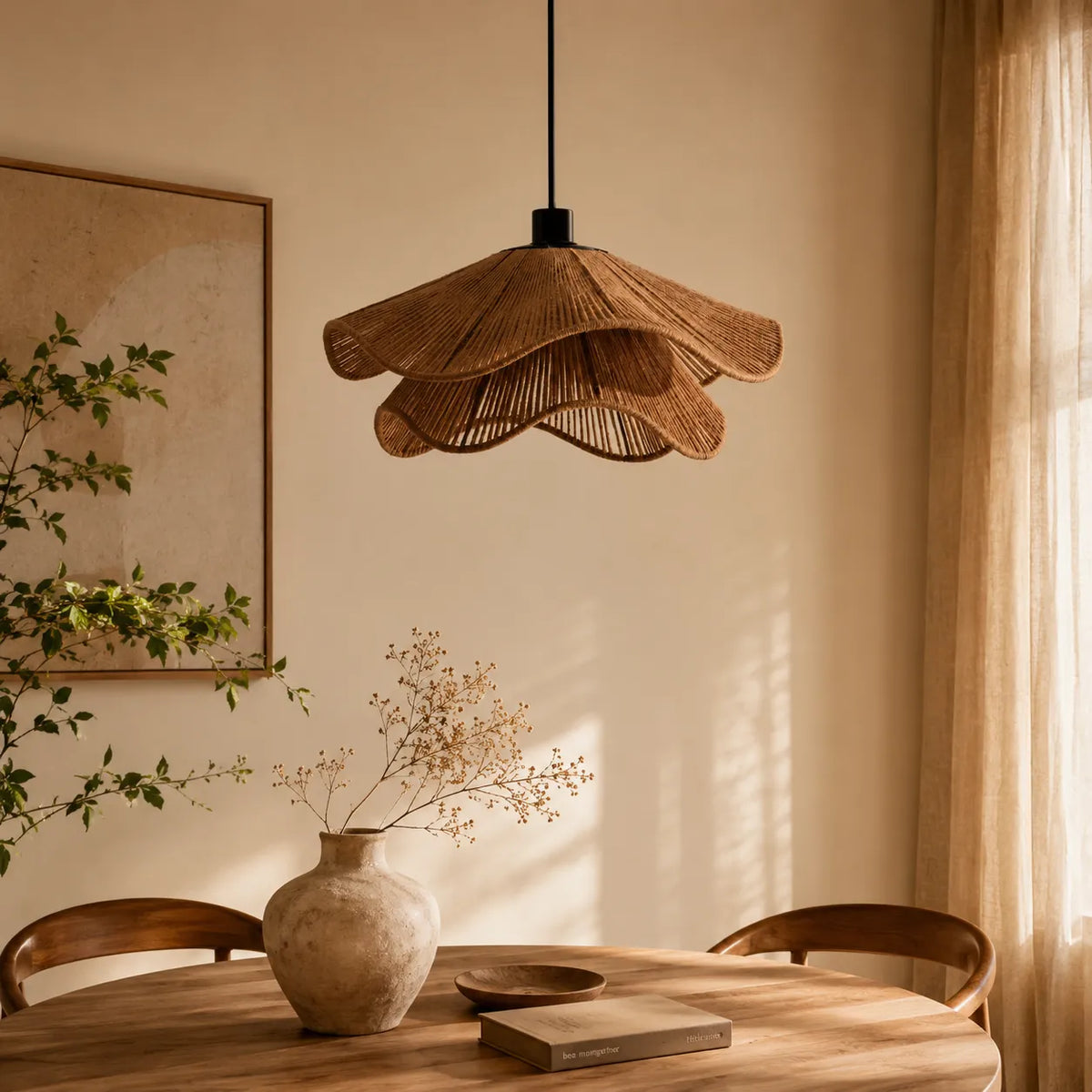 Handgeflochtene Pendelleuchte aus Jute im Boho-Stil für Esszimmer und Schlafzimmer