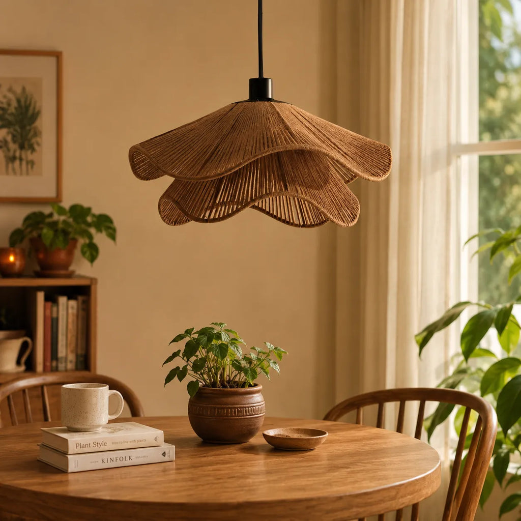 Handgeflochtene Pendelleuchte aus Jute im Boho-Stil für Esszimmer und Schlafzimmer