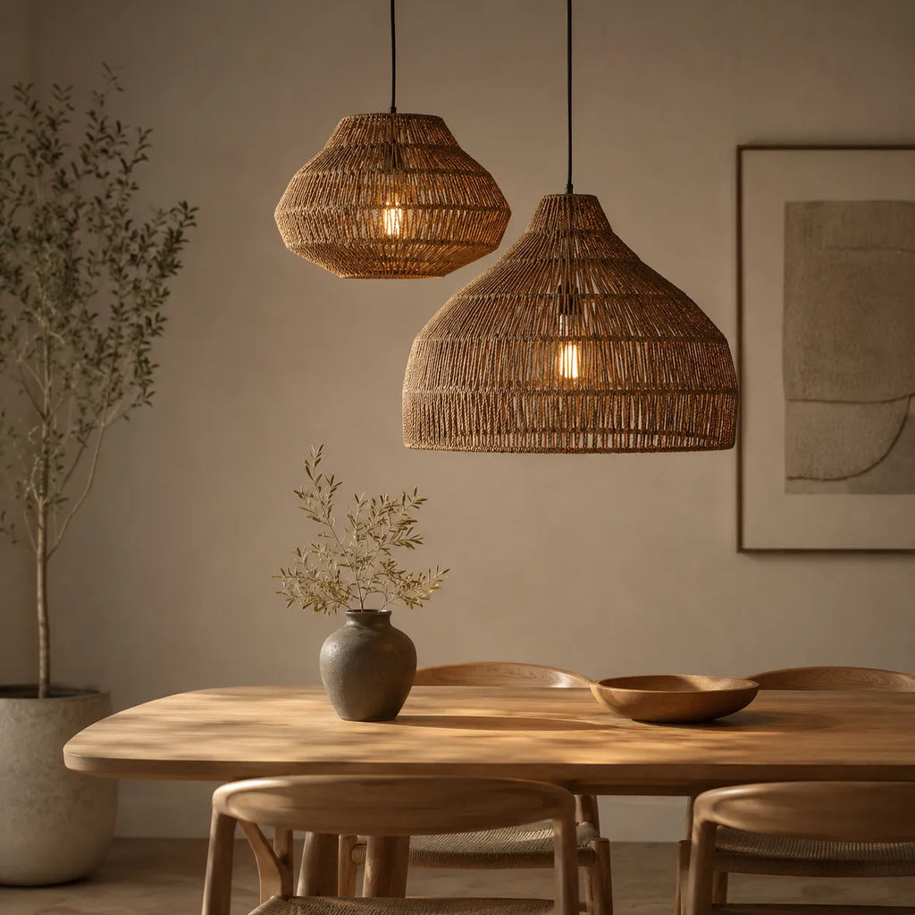 Lampada a sospensione Nina bohemien in rattan intrecciato a mano