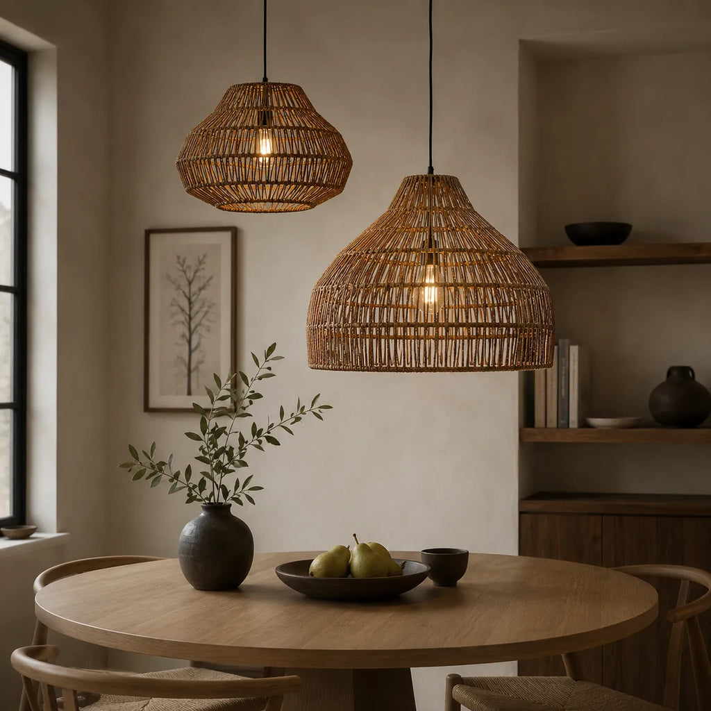 Lampada a sospensione Nina bohemien in rattan intrecciato a mano