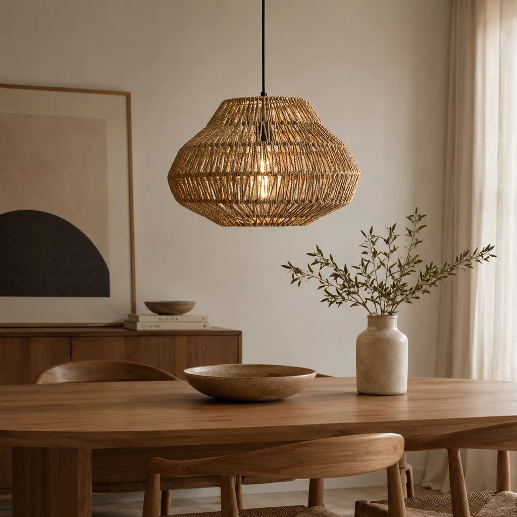 Lampada a sospensione Nina bohemien in rattan intrecciato a mano