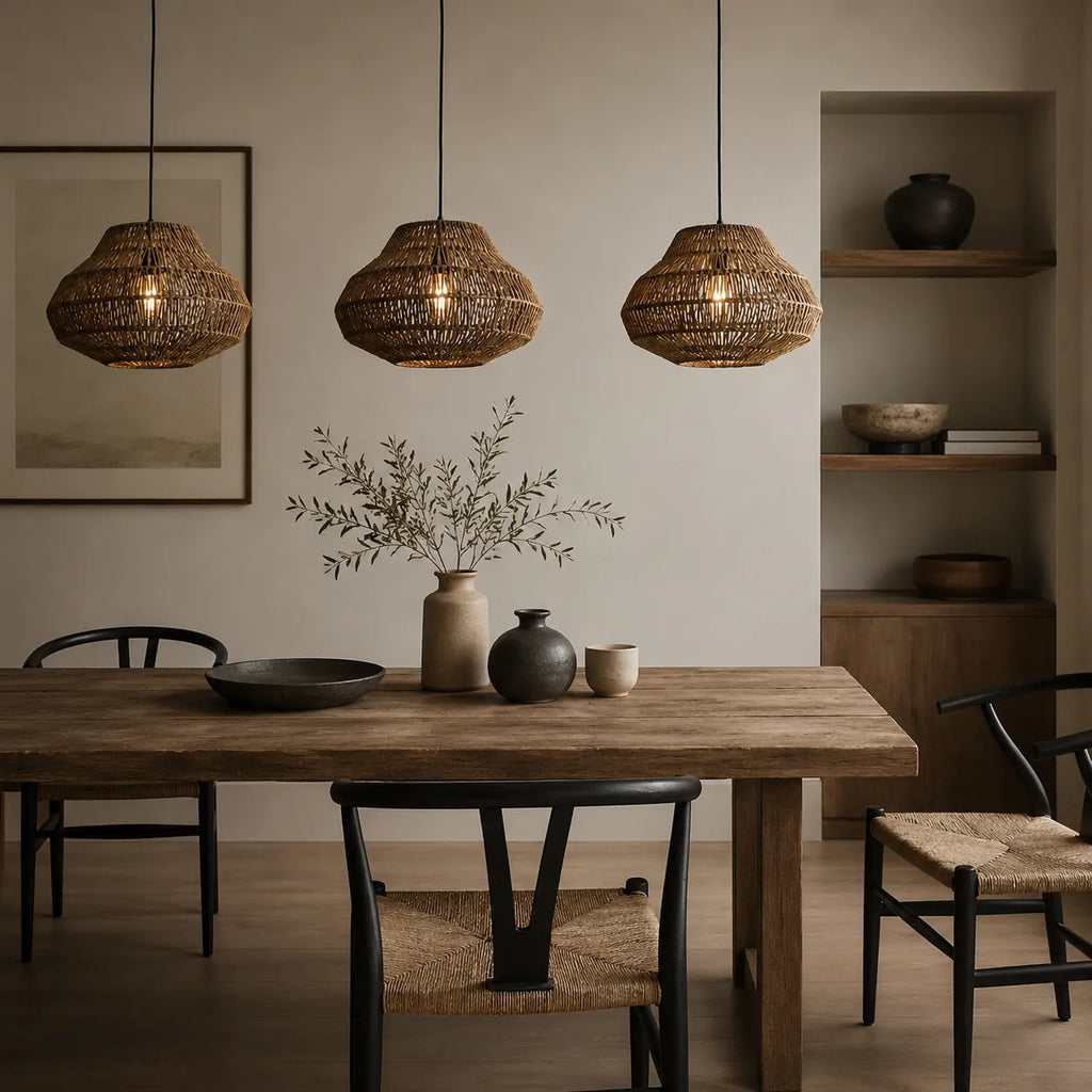 Lampada a sospensione Nina bohemien in rattan intrecciato a mano