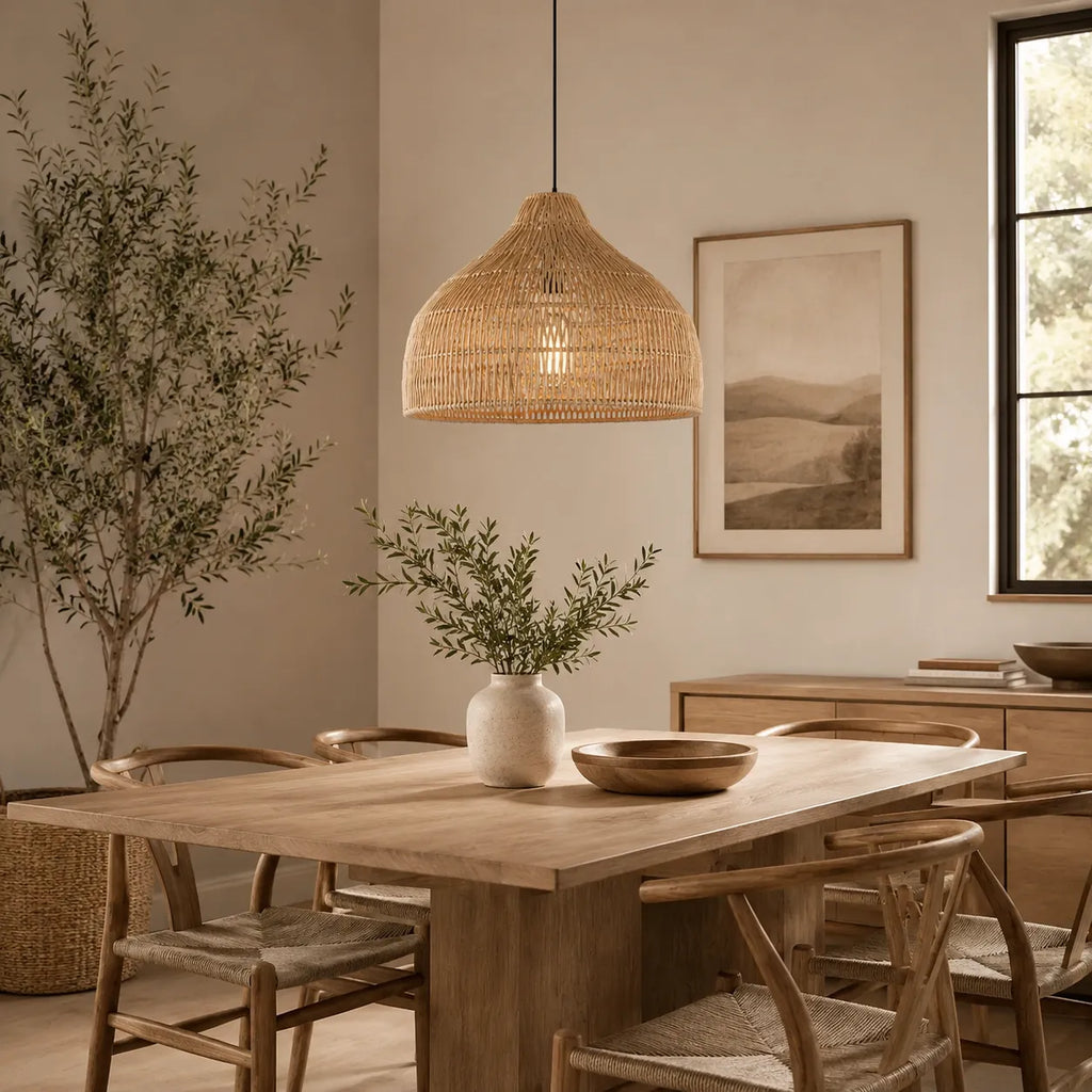 Lampada a sospensione Nina bohemien in rattan intrecciato a mano