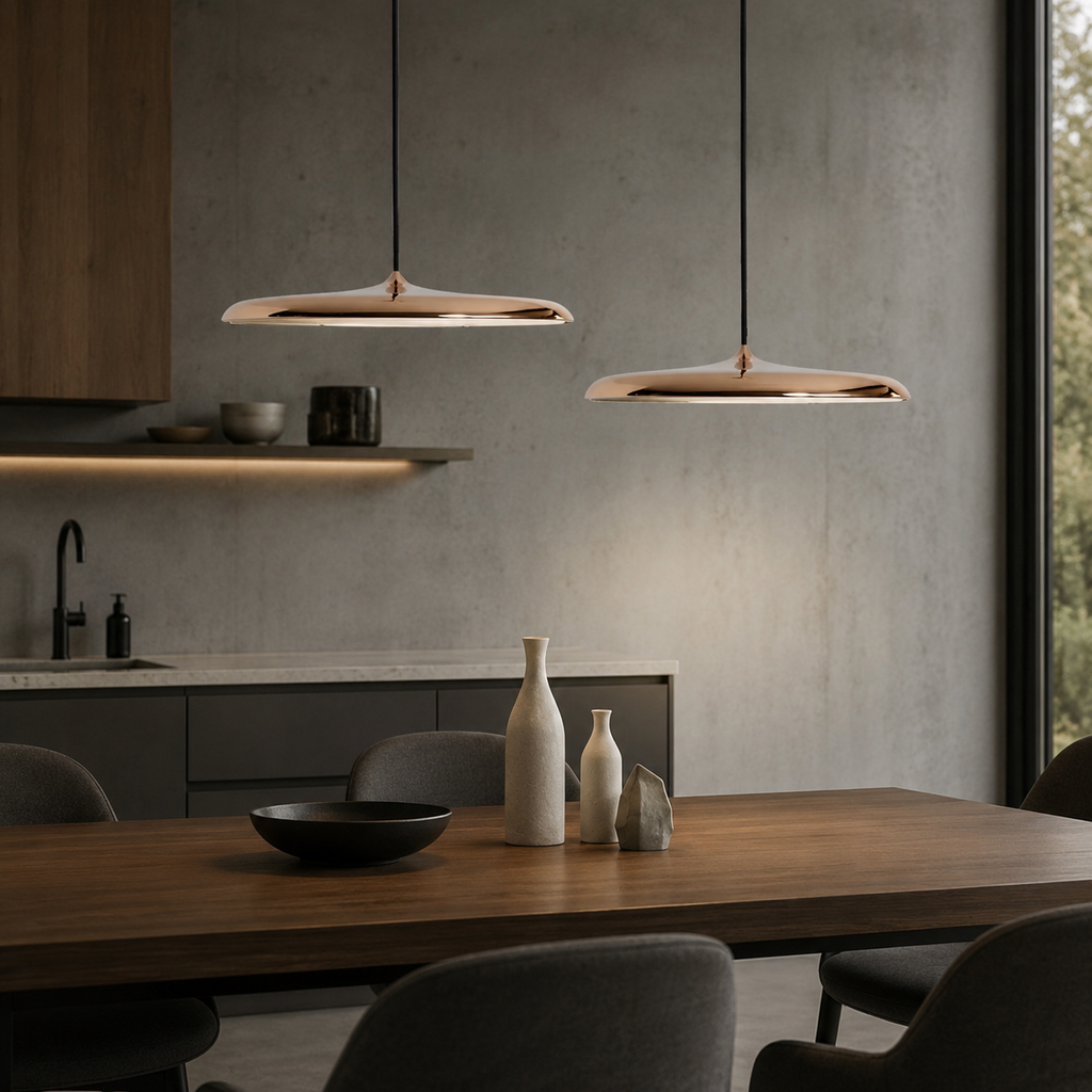 LED Pendant Lights with Modern Metallic Disc Design and Integrated Downward Lighting