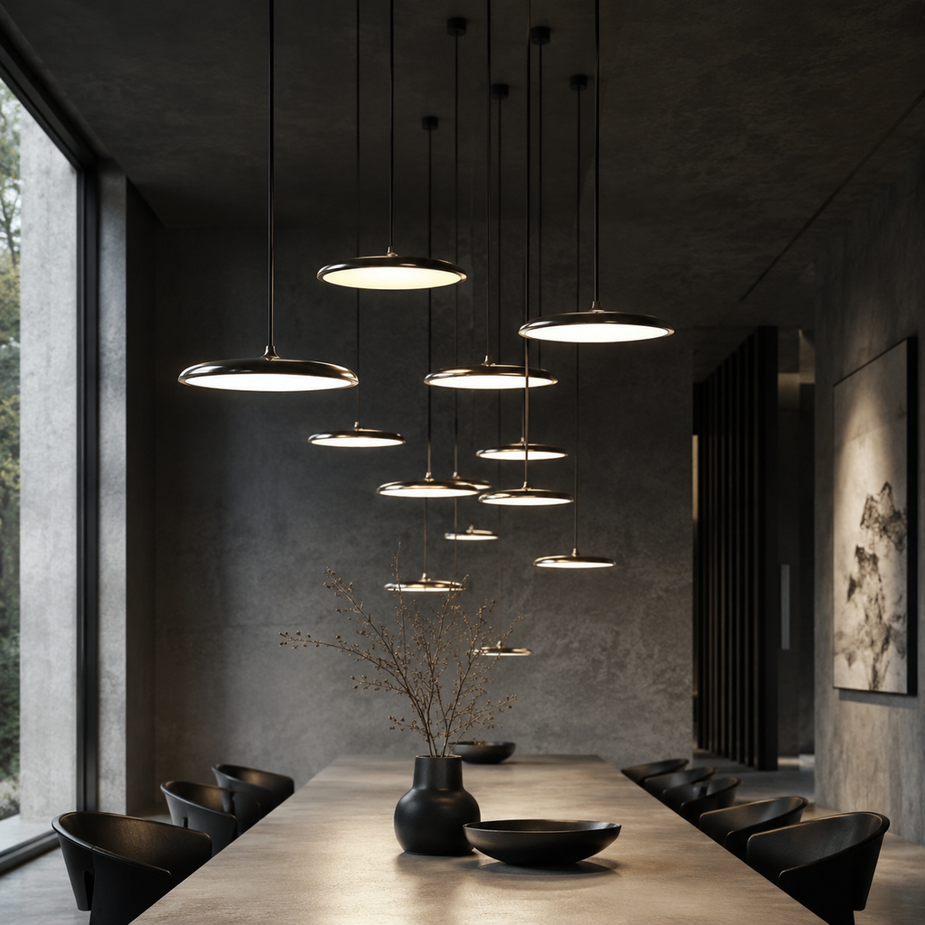 LED Pendant Lights with Modern Metallic Disc Design and Integrated Downward Lighting