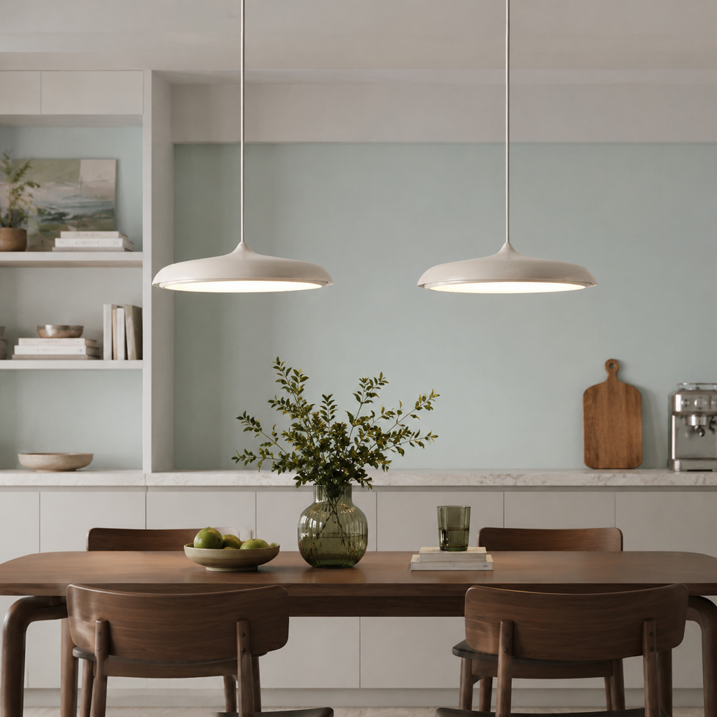 LED Pendant Lights with Modern Metallic Disc Design and Integrated Downward Lighting