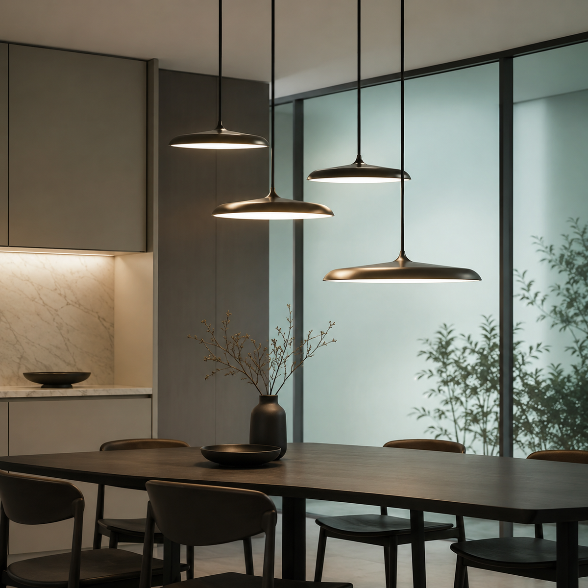 LED Pendant Lights with Modern Metallic Disc Design and Integrated Downward Lighting
