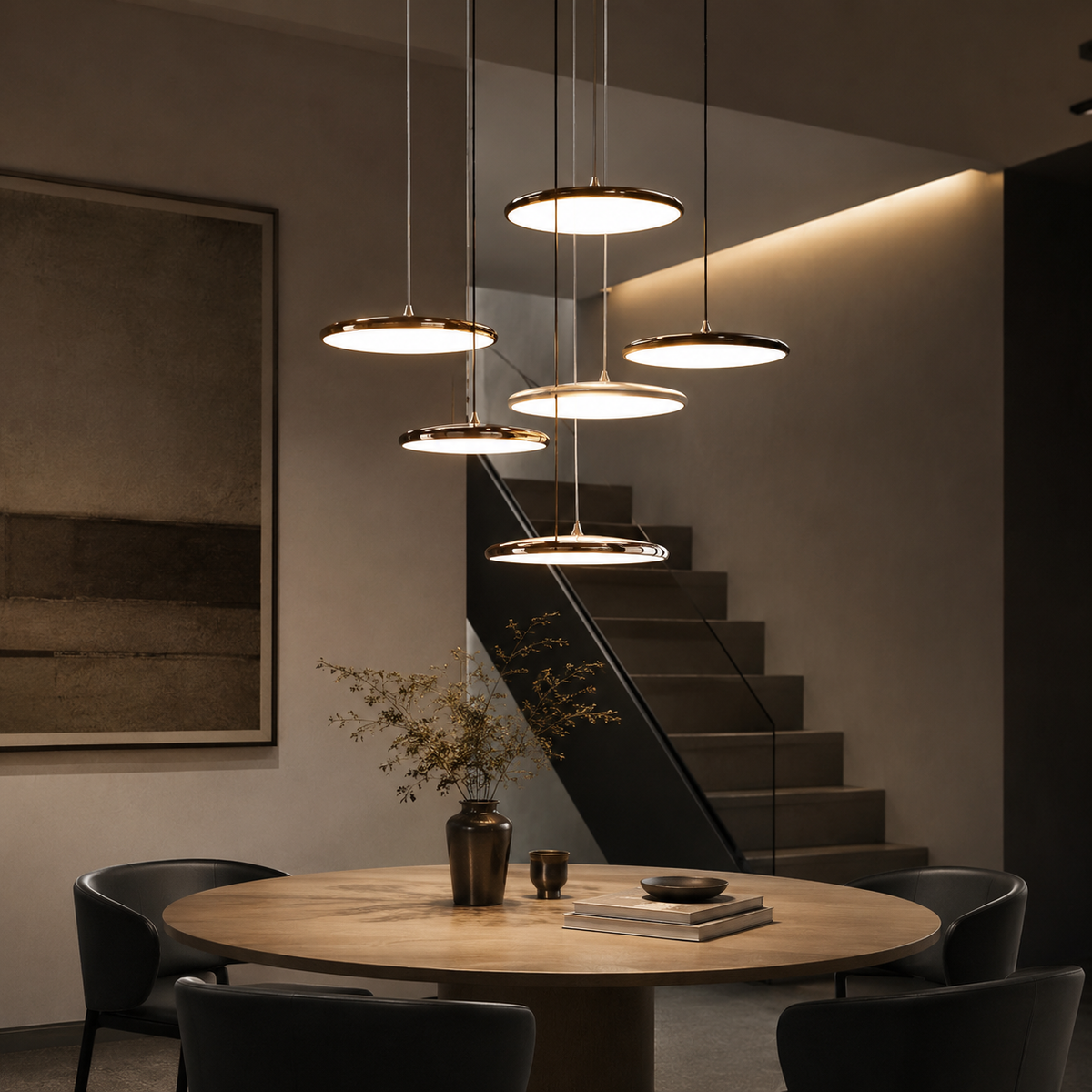 LED Pendant Lights with Modern Metallic Disc Design and Integrated Downward Lighting