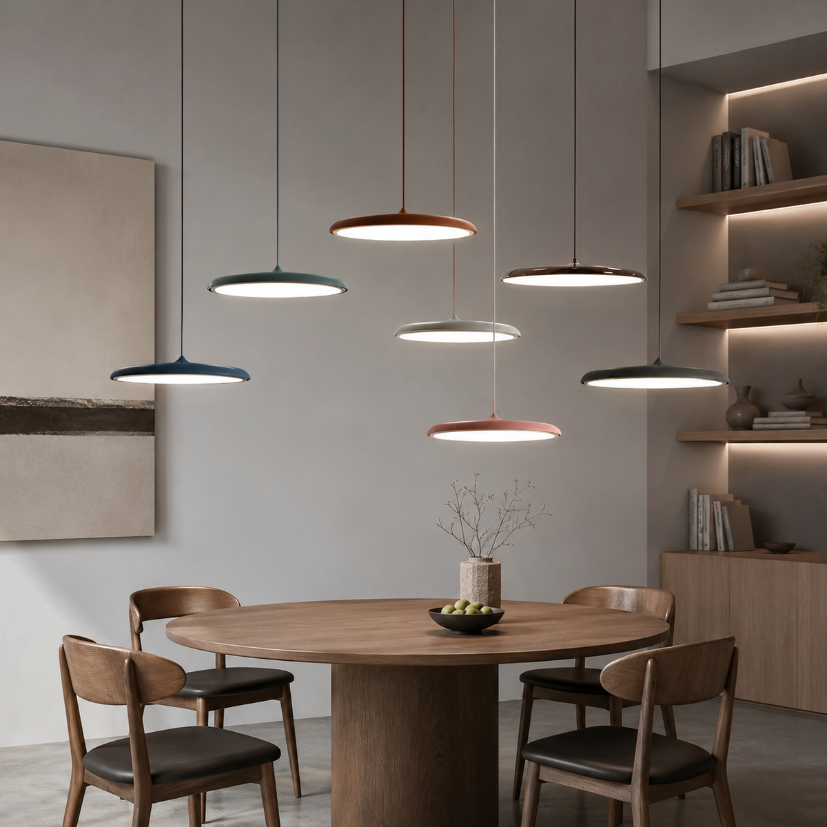 LED-Pendelleuchten mit modernem Scheibendesign aus Metall und integrierter Beleuchtung nach unten