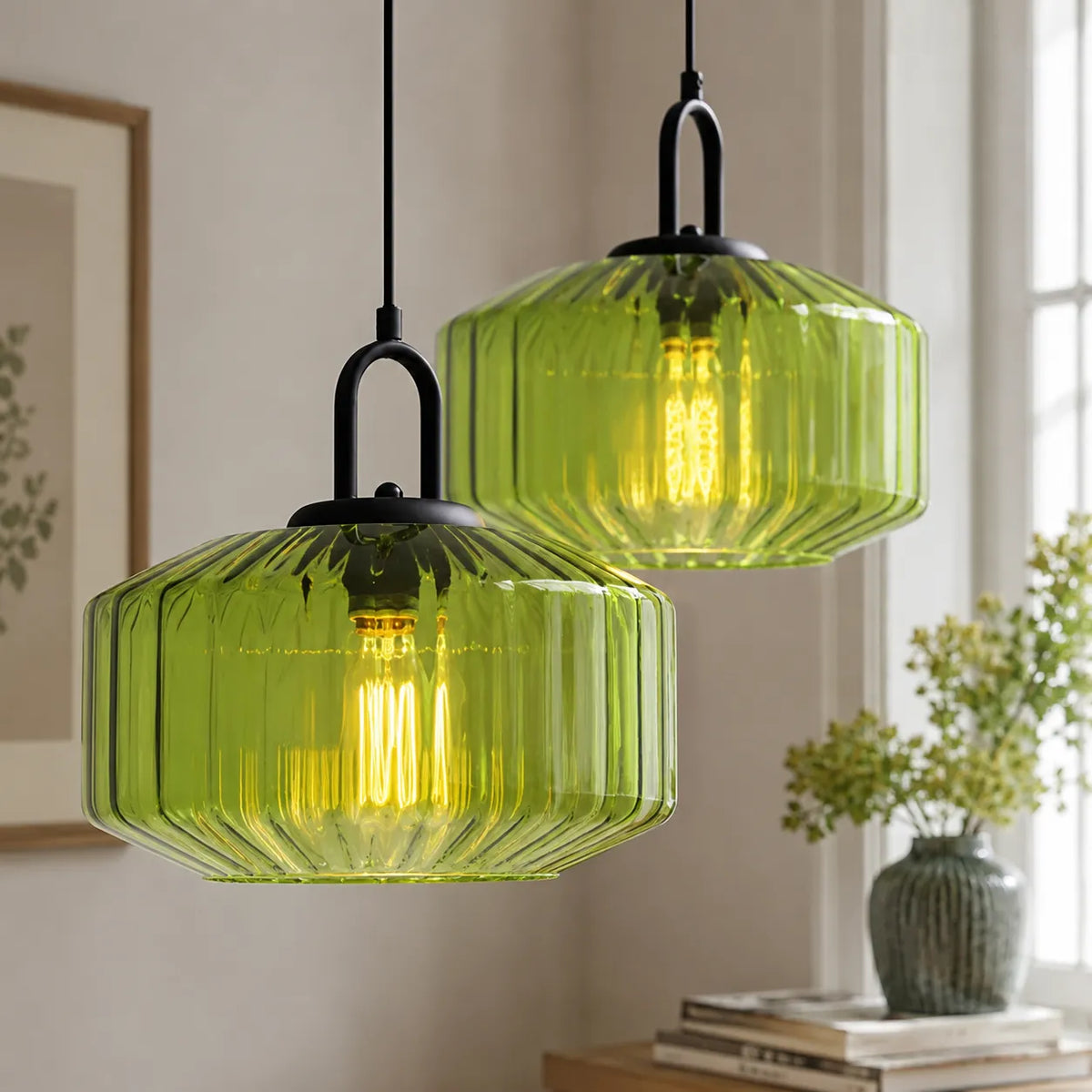 Pendelleuchte mit farbigem Glasschirm im Retro-Stil und warmer Umgebungsbeleuchtung