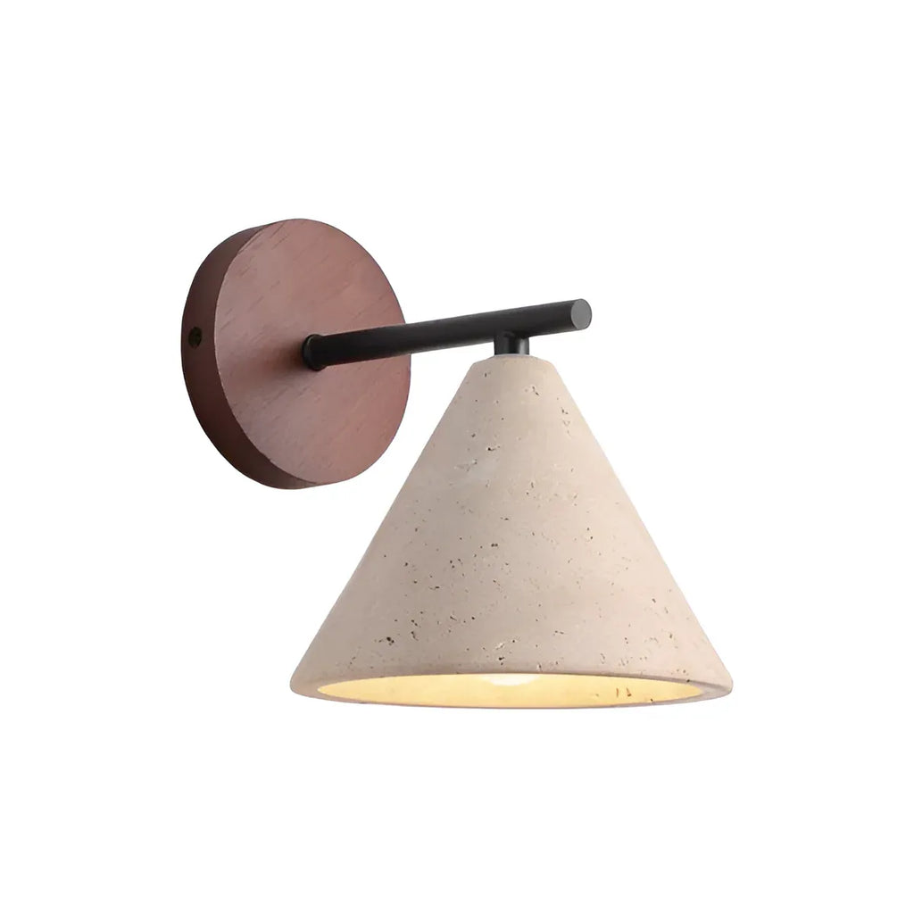 Aplique de pared con pantalla cónica de travertino y placa posterior de madera, de diseño moderno