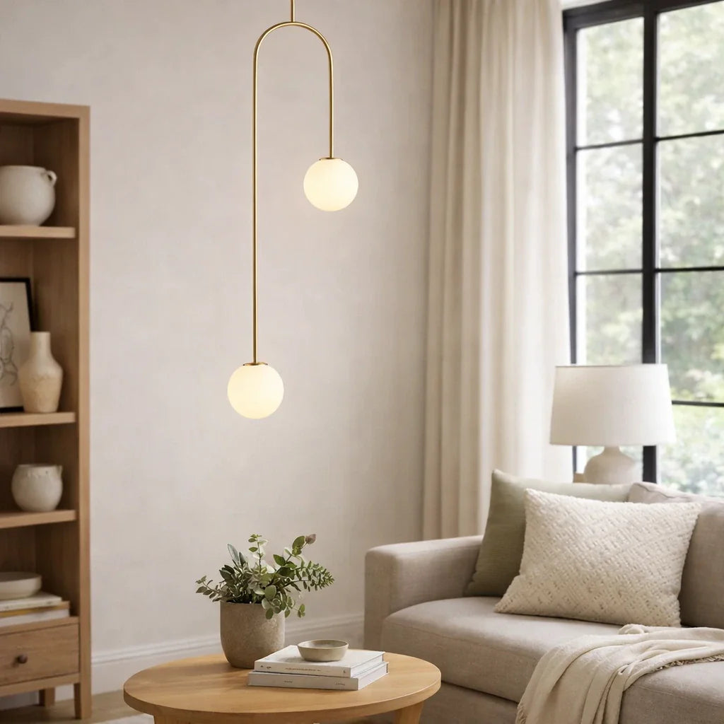 Pendelleuchte mit zwei Glaskugeln und verstellbarer Aufhängung für das Esszimmer