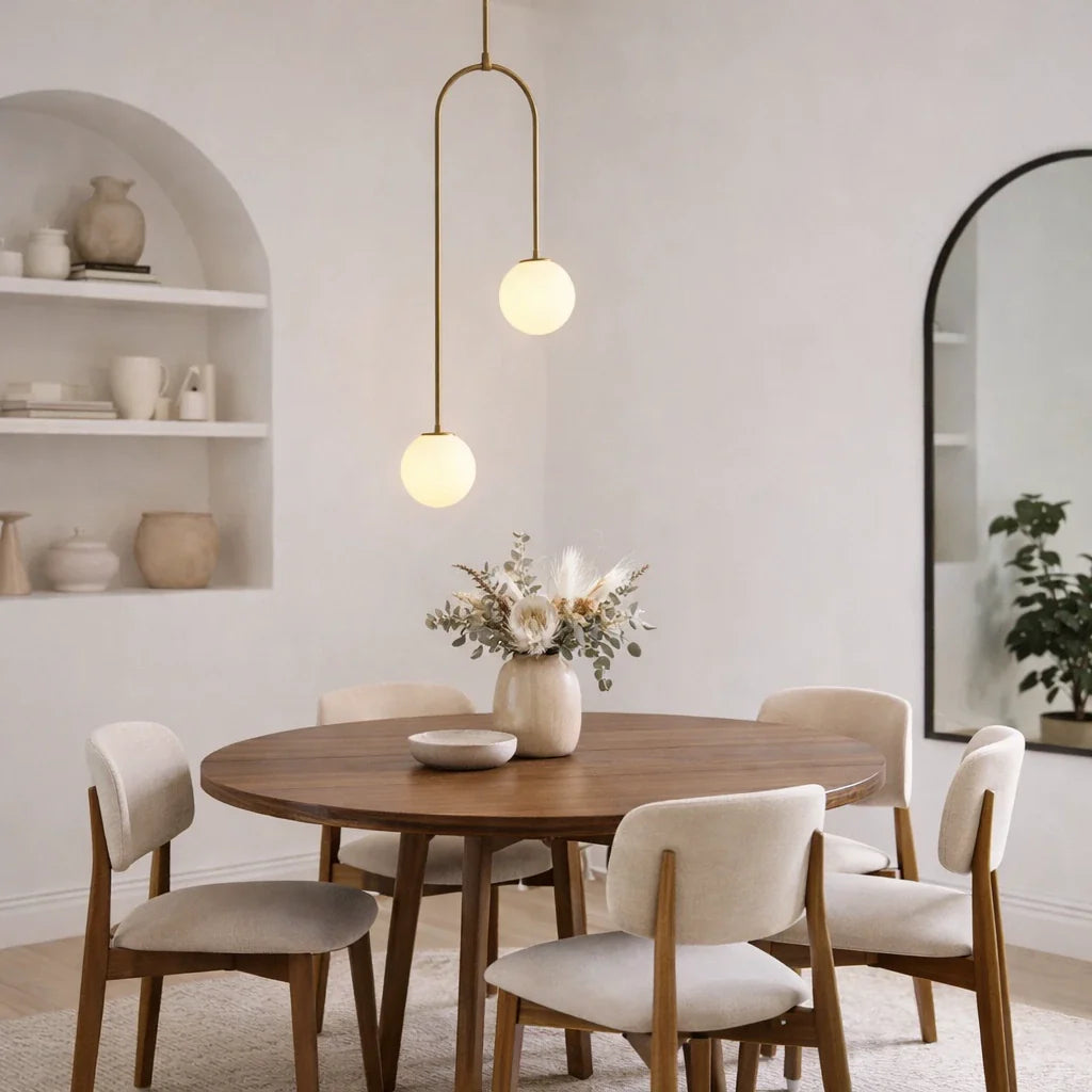 Pendelleuchte mit zwei Glaskugeln und verstellbarer Aufhängung für das Esszimmer
