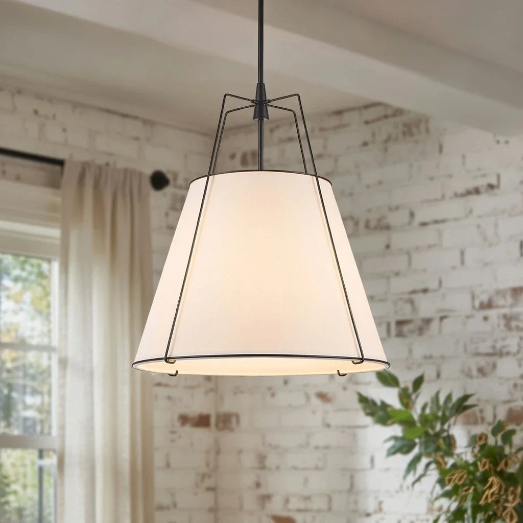 Pendant Light with Linen Tapered Cone Shade and Adjustable Brass Finish Frame
