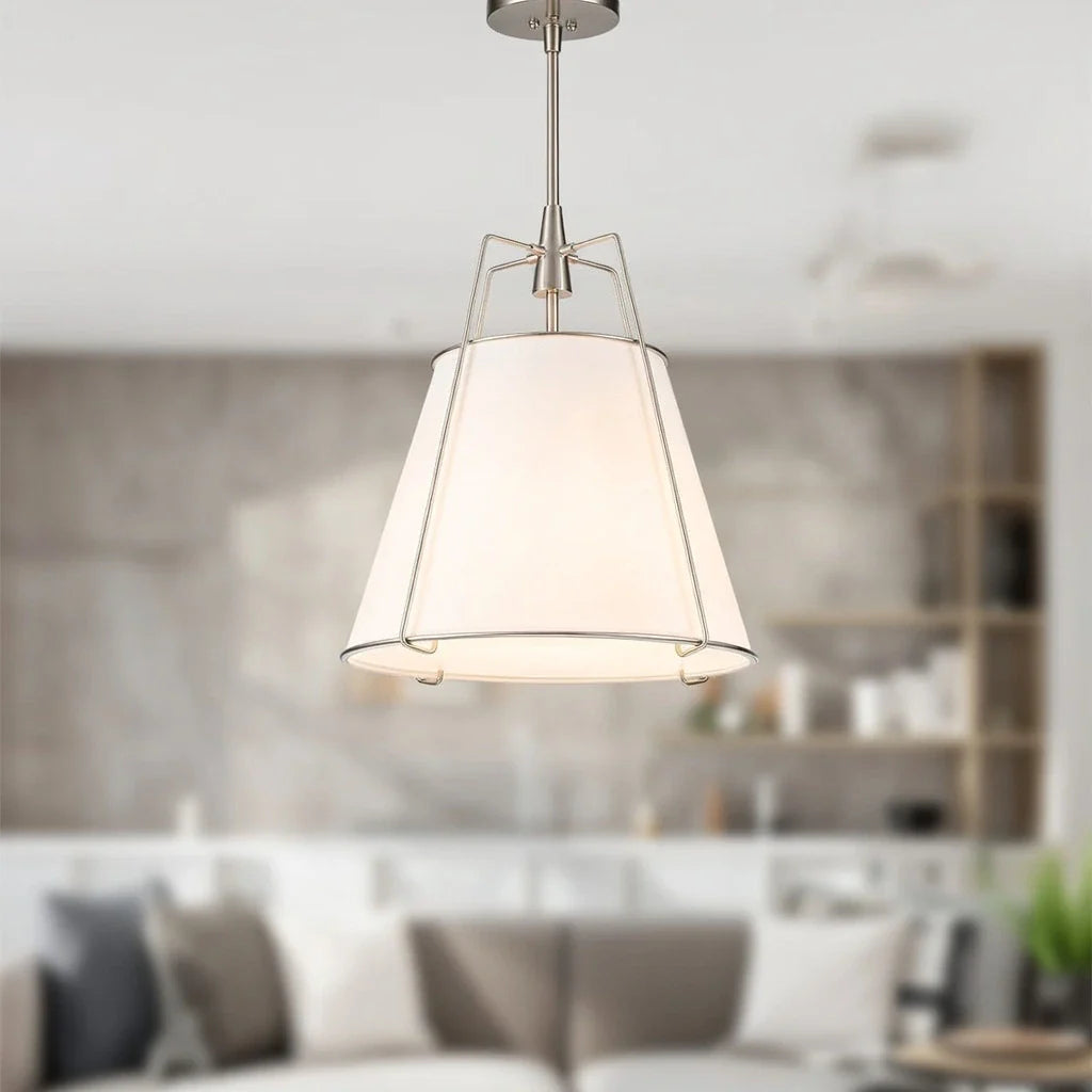 Pendant Light with Linen Tapered Cone Shade and Adjustable Brass Finish Frame