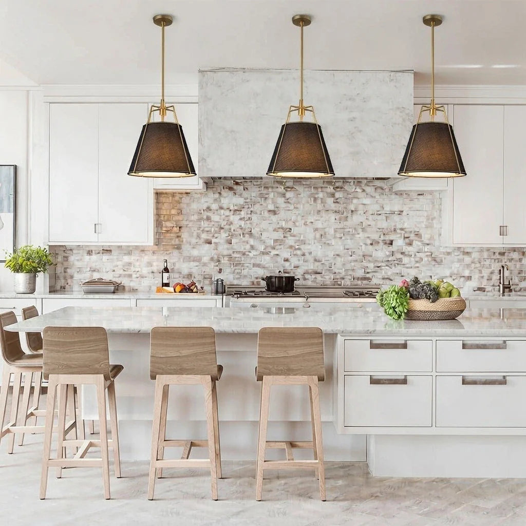 Pendant Light with Linen Tapered Cone Shade and Adjustable Brass Finish Frame