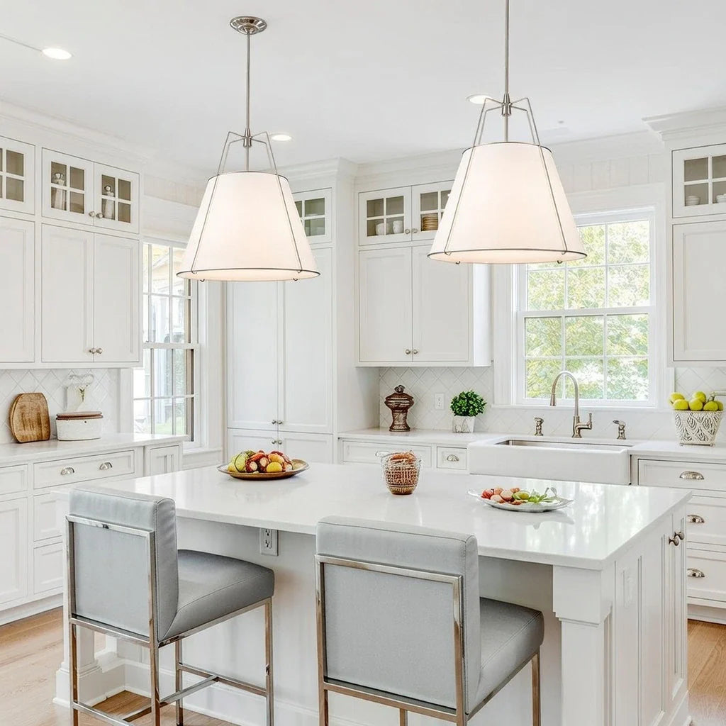 Pendant Light with Linen Tapered Cone Shade and Adjustable Brass Finish Frame