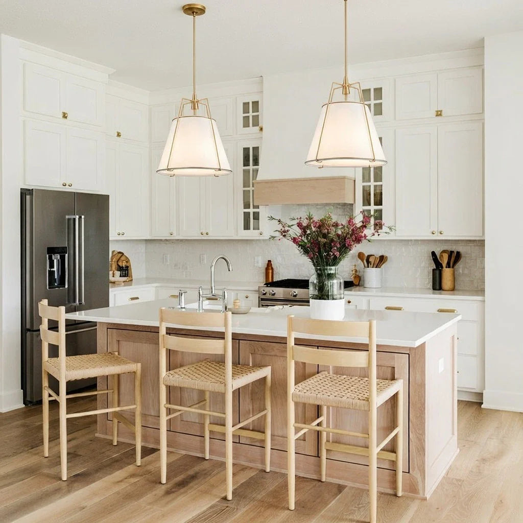 Pendant Light with Linen Tapered Cone Shade and Adjustable Brass Finish Frame