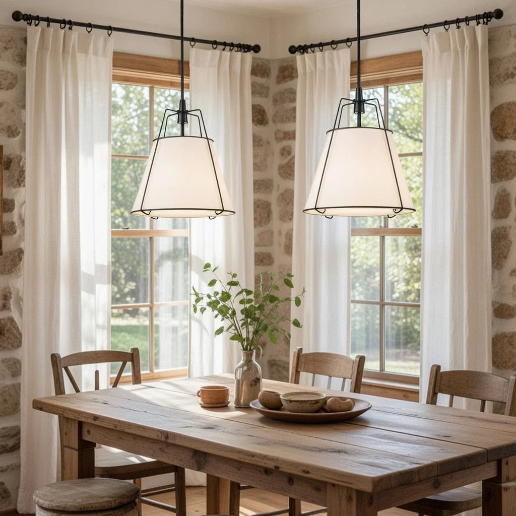 Pendant Light with Linen Tapered Cone Shade and Adjustable Brass Finish Frame