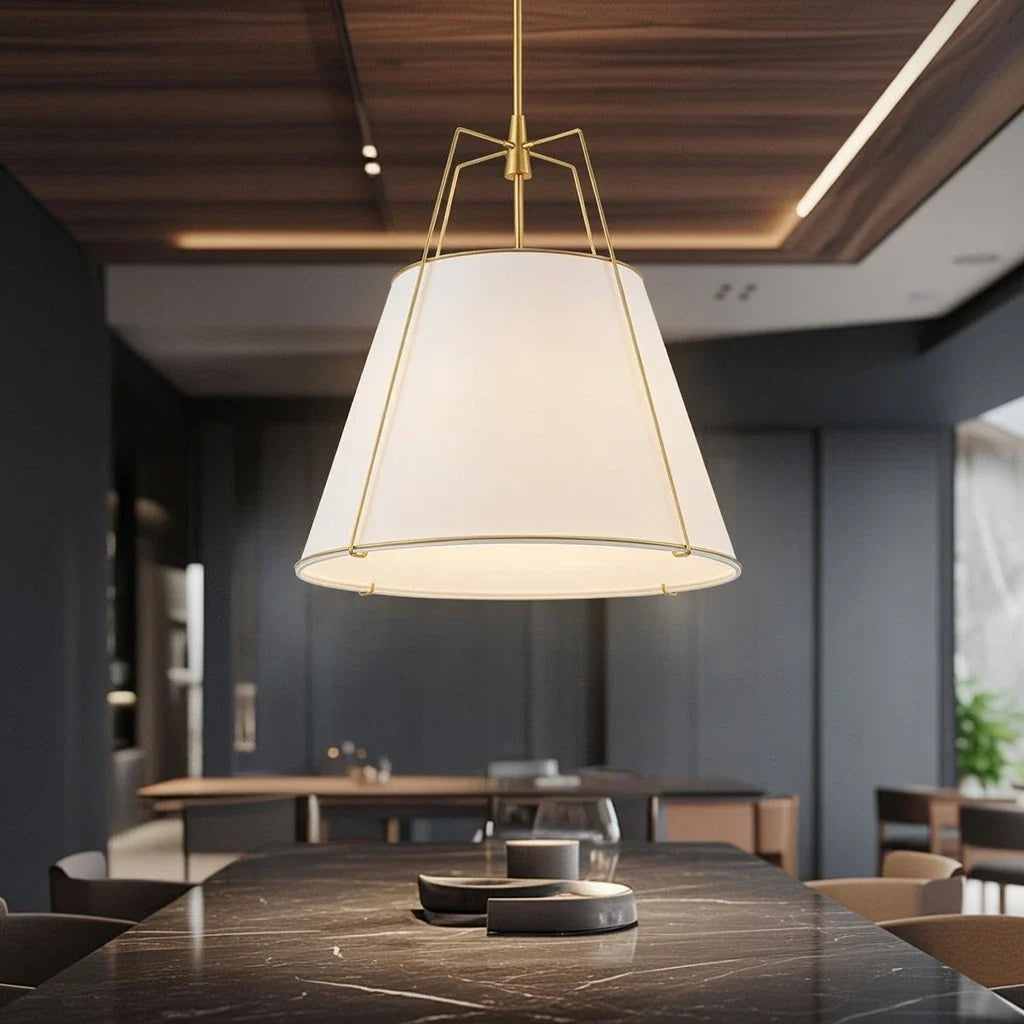 Pendant Light with Linen Tapered Cone Shade and Adjustable Brass Finish Frame