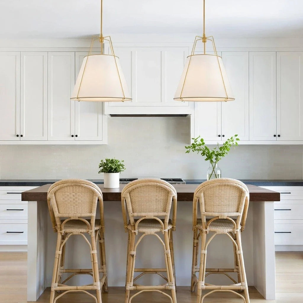 Pendant Light with Linen Tapered Cone Shade and Adjustable Brass Finish Frame