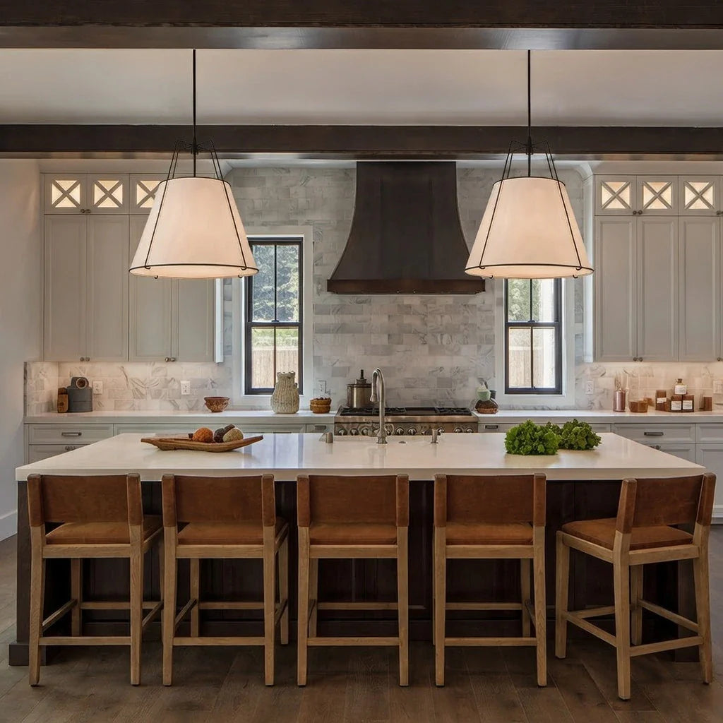 Pendant Light with Linen Tapered Cone Shade and Adjustable Brass Finish Frame