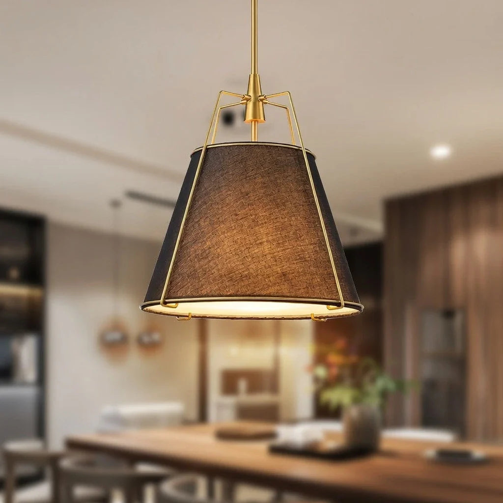 Pendant Light with Linen Tapered Cone Shade and Adjustable Brass Finish Frame