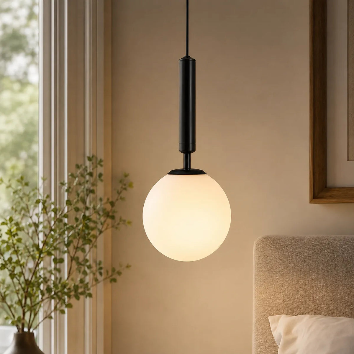 Pendelleuchte mit Glaskugel, verstellbarem Kabel und kugelförmigem, milchweißem Schirm