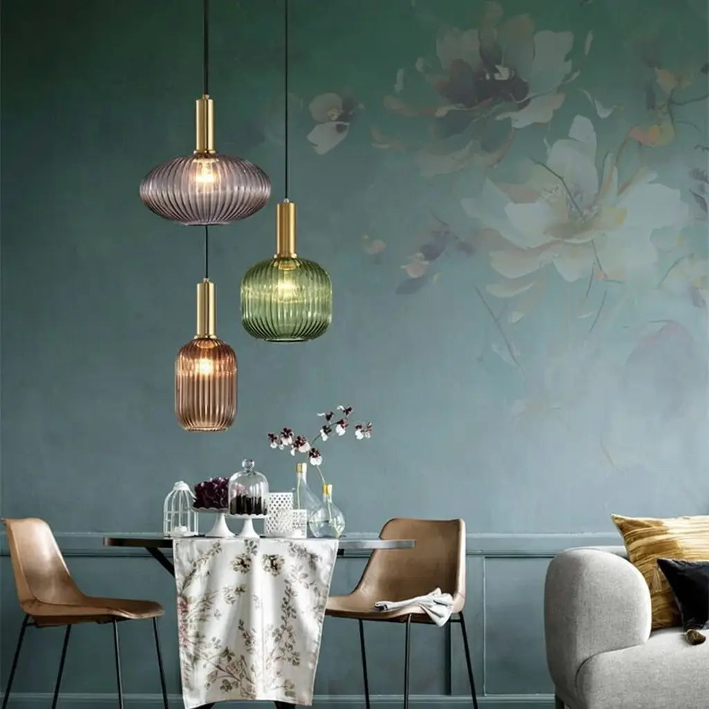 Pendant Light with Fluted Glass and Art Deco Metal Fittings