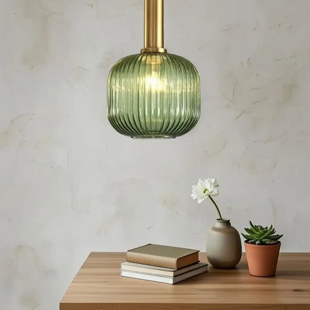 Pendant Light with Fluted Glass and Art Deco Metal Fittings