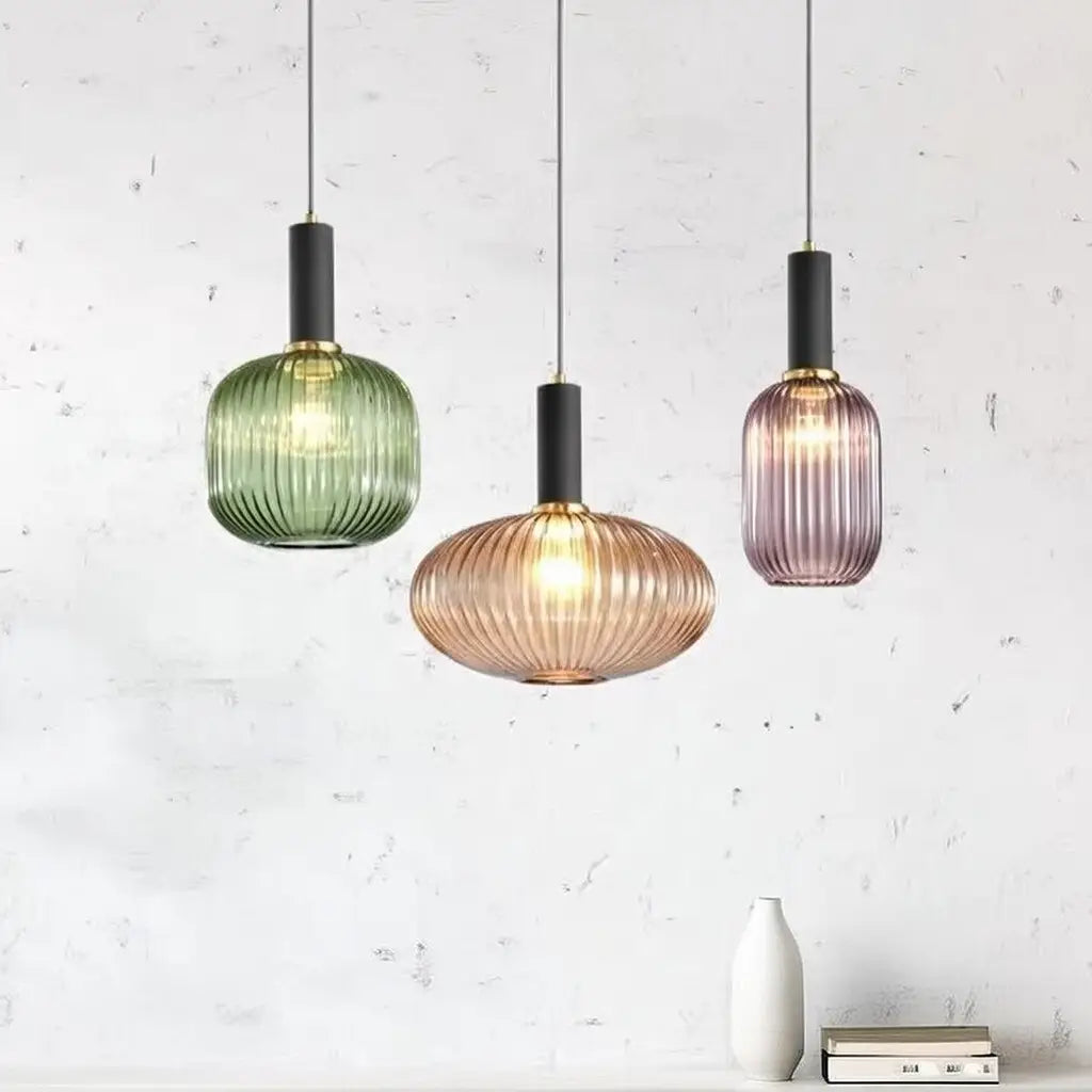 Pendant Light with Fluted Glass and Art Deco Metal Fittings