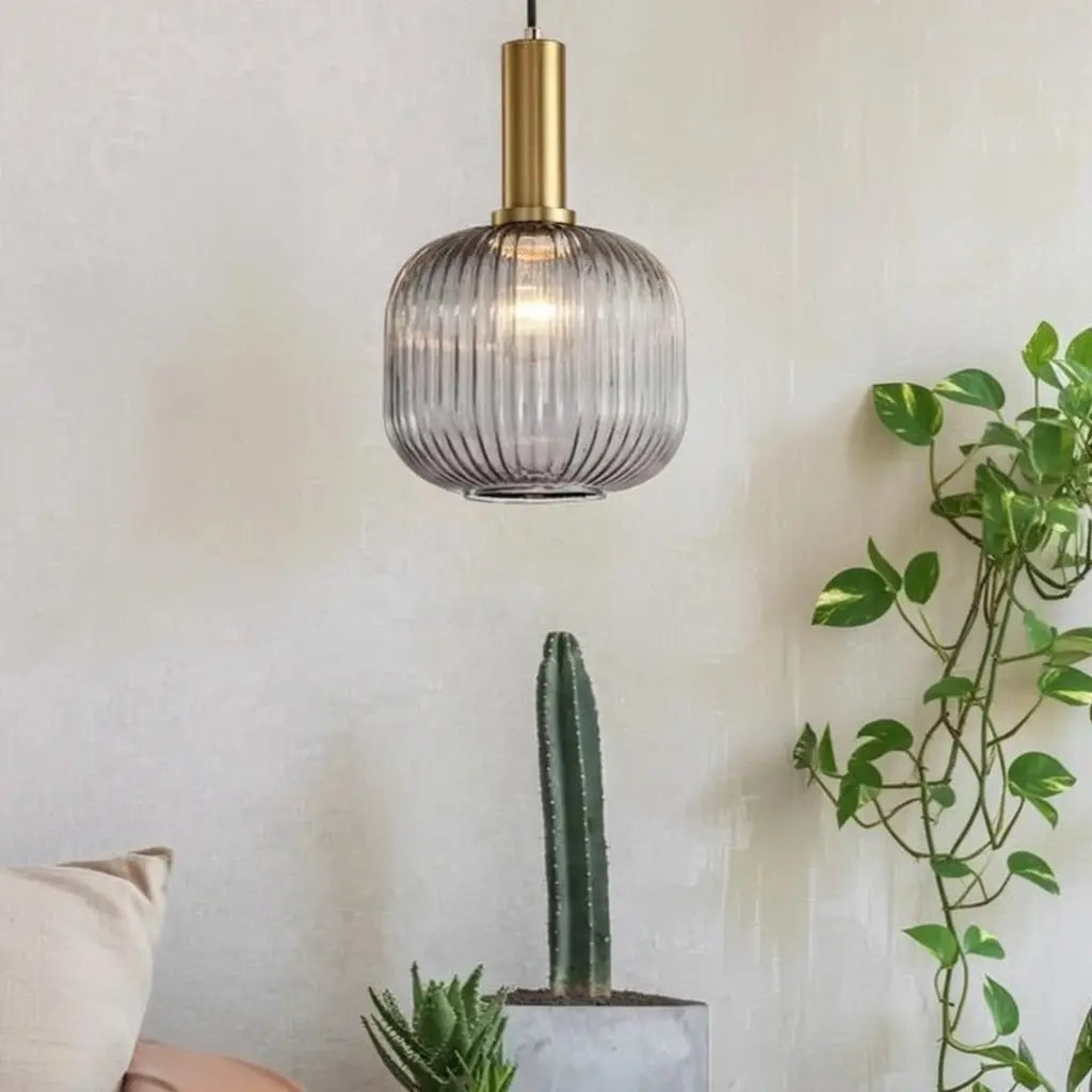 Pendant Light with Fluted Glass and Art Deco Metal Fittings