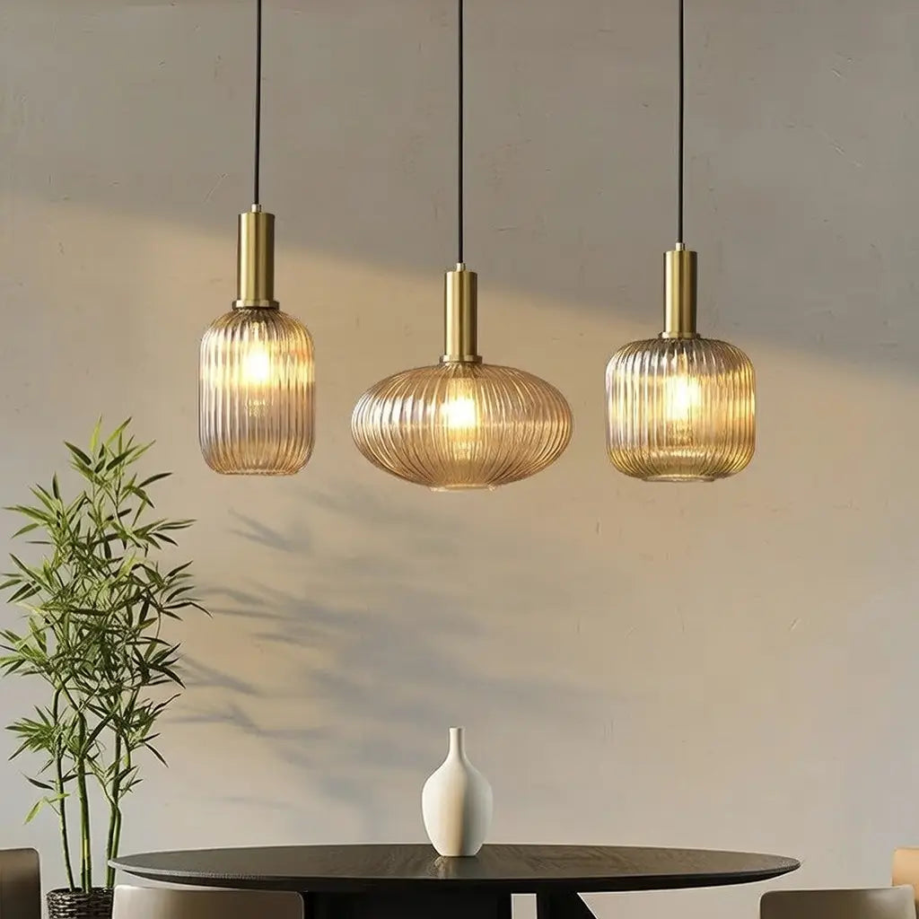 Pendant Light with Fluted Glass and Art Deco Metal Fittings