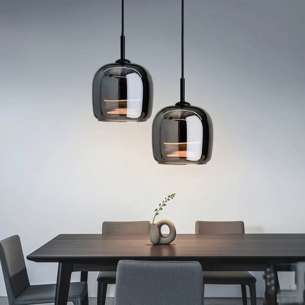 Pendant Light with Hand-Blown Smoked Glass Bell Shade and LED